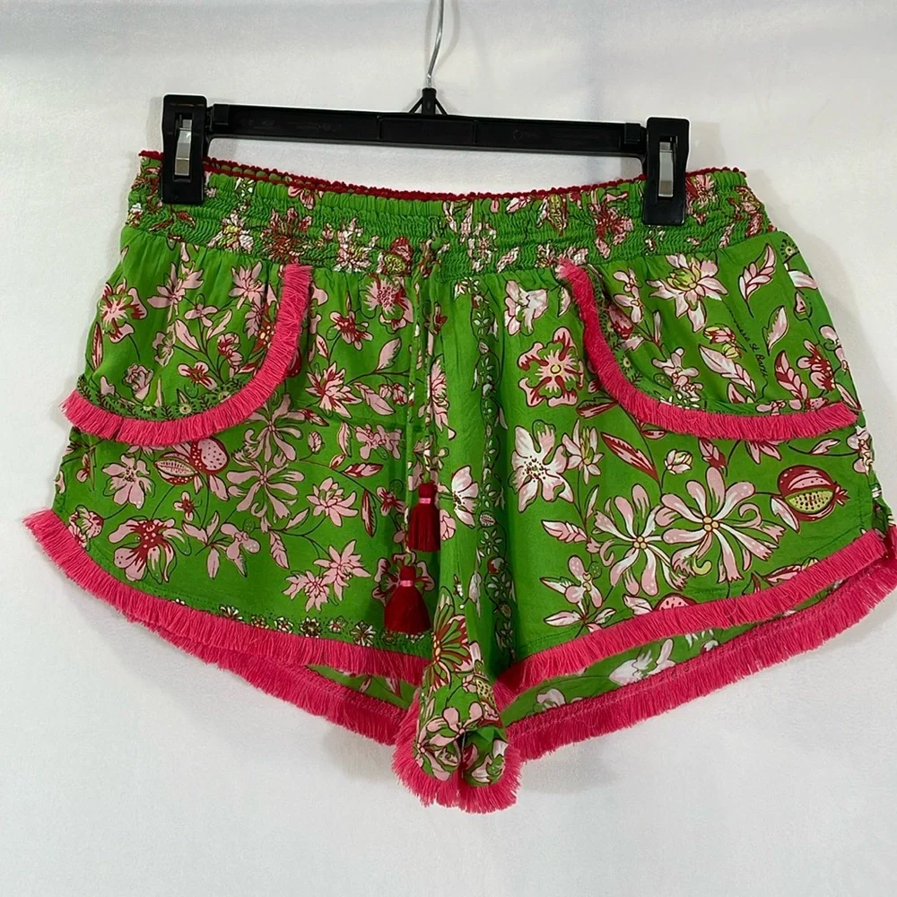 Poupette St Barth Boxer Lulu Shorts Size L Green Floral Pink Fringe Trim EUC - Picture 1 of 11
